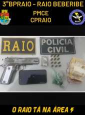 PMCE e PC prendem suspeito por porte ilegal de arma e tráfico de drogas em Beberibe-CE