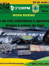 PMCE efetua prisão de trio, com quem apreende arma, simulacro e drogas em Nova Russas-CE